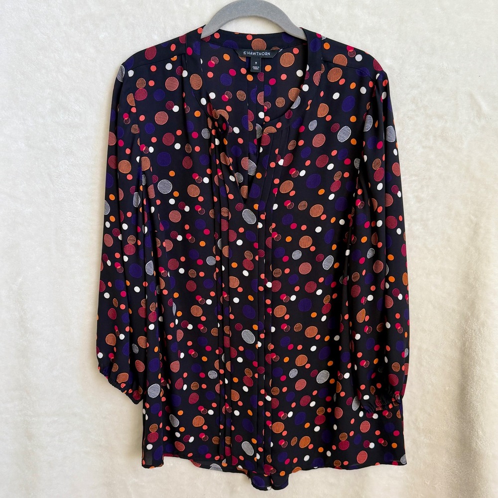 41 Hawthorn Navy Multicolor Polka Dot Pleated V-Neck Blouse Womens Sz 1X Plus